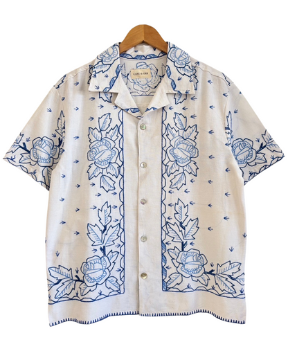 Vintage Upcycled Blue Roses Design Shirt