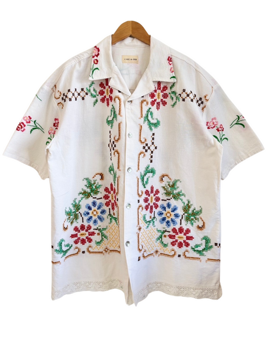 Vintage Upcycled Hand Embroidery Cross-Stitch Floral Shirt