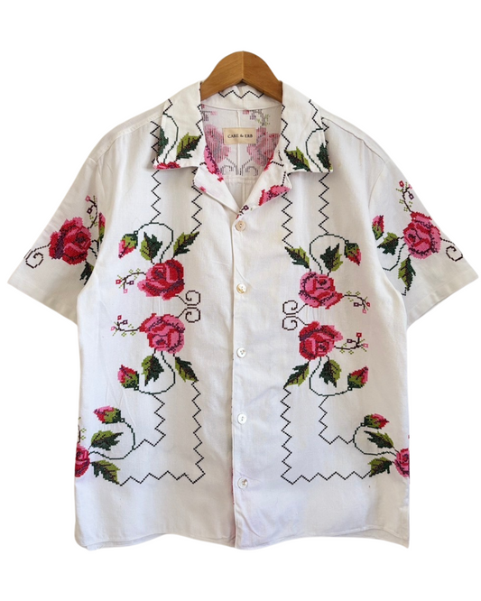 Vintage Upcycled Rose Bloom Hand-Embroidered Shirt